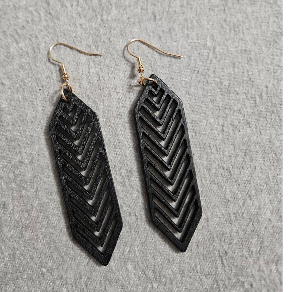 Boutique Contemporary Boho Ultra Black Wood Chevron Cut-Out Dangle Earrings